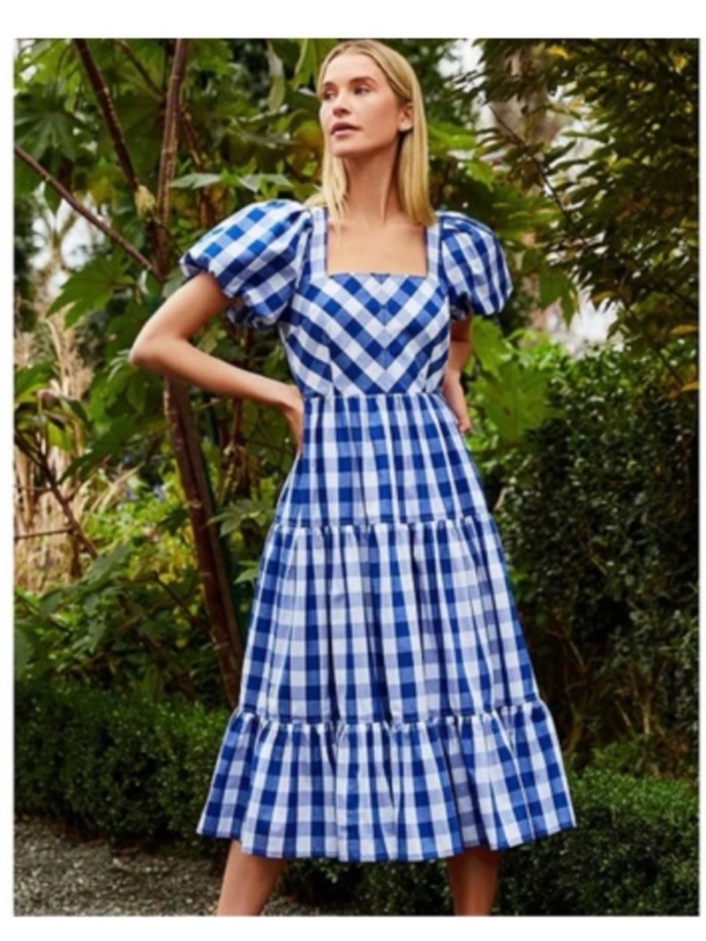 ANTONIO MELANI Blue and White Gingham Puff-Sleeve Midi Dress